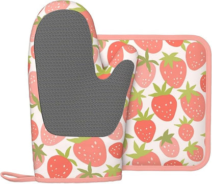 Strawberry Silicone Oven Mitts Pan Mats Set of 2, Heat Resistant Gloves Potholder with Non-Slip Grips Hanging Loops Pot Holder, Spring Summer for Chef Cooking, Baking, Grilling, BBQ