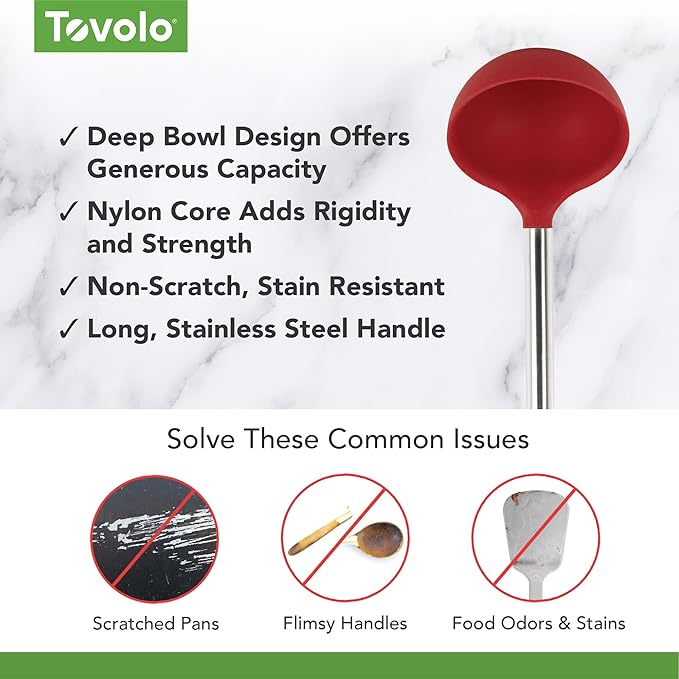 Tovolo Silicone Ladle With Stainless Steel Handle Deep Soup Ladle for Cooking Canning Serving Soup Punch Stew Sauce, Large Kitchen Utensil Spoon Dishwasher Safe BPA Free Silicone Cayenne Red - Image 3