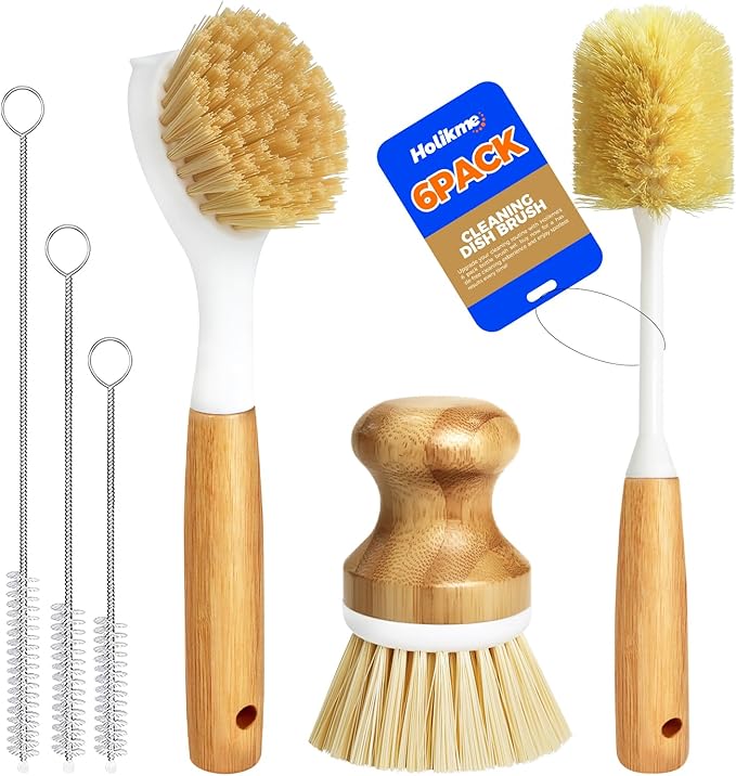 Holikme 6 Pack Dish Brush Kitchen Brushes Set with Vegetable Palm Brush, Bottle Brush, Dish Brush and Straw Brush, Fruit Cleaning Brushes for Cleaning Potato, Amarillo by Holikme