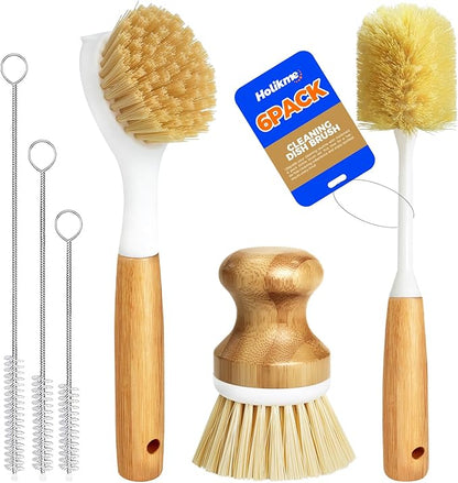 Holikme 6 Pack Dish Brush Kitchen Brushes Set with Vegetable Palm Brush, Bottle Brush, Dish Brush and Straw Brush, Fruit Cleaning Brushes for Cleaning Potato, Amarillo by Holikme