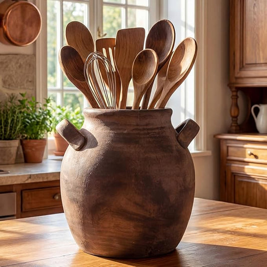 Havawish Rustic Kitchen Utensil Holder for Countertop - Farmhouse Ceramic Utensil Crock with Handle for Spatulas Vintage Kitchen Utensils Holder Cooking Organizer, Fit Ladle, Eggbeater(Dark Brown)