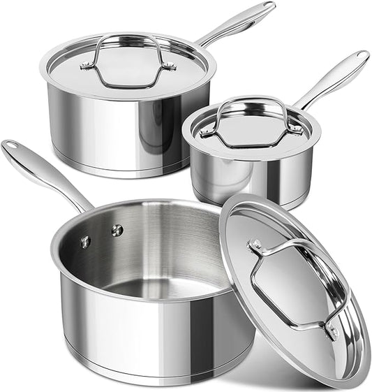 MICHELANGELO Stainless Steel Saucepan Set with Stainless Lids, Tri-Ply Bottom Sauce Pan with Lid, Sauce Pot Set 1QT & 2QT &3QT, Nonstick Saucepan, Dishwasher Safe by Michelangelo