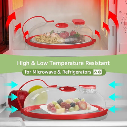 Microwave Splatter Cover with Water Steamer for Food - 10 Inch Steam Microwave Splatter Guard with Handle Splash Oven Lid with Built in Steamer Plate Covers for Heating Food - Red