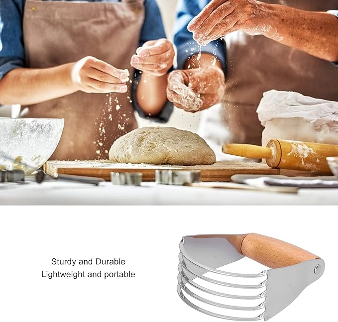 Dough Blender, Stainless Steel Pastry Cutter Heavy Duty Dough Cutter with Blades Pastry Blender and Butter Cutter Dough Flour Metal Mixer Cutter Portable Pastry Cutter for Baking Home, Wood Handle