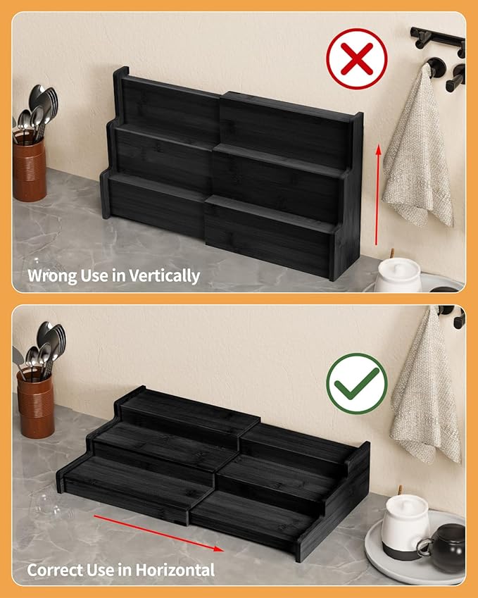 VenDotbi Spice Rack, 3-Tier Expandable Bamboo Spice Rack Organizer for Cabinet - Kitchen, Pantry and Cupboard Storage Organizer-Black - Image 5