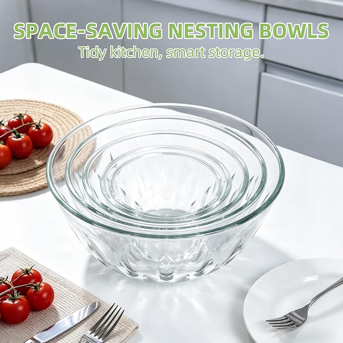 Luvan 5-Pack Glass Mixing Bowls with Lids Set - Leaf Pattern Clear Serving Bowls with Dark Green Translucent Lids, Nesting Borosilicate Salad Bowl, Dishwasher & Microwave Safe - Image 6