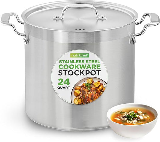 NutriChef Stainless Steel Stock Pot with Lid, 24 Quart Large Stock Pot with Lid for Soup & Stews, Heavy Duty Stainless Steel Cookware, Induction Base, Ergonomic Handles, Polished 18/8
