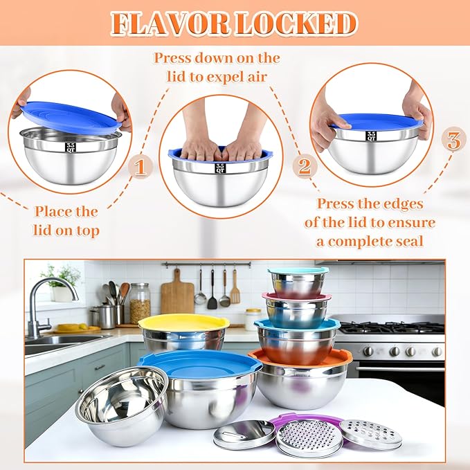21PCS Mixing Bowls with Lids Set - 7 Nesting Mixing Bowls, 3 Graters, 11 Baking Tools, Lids, Stainless Steel Mixing Bowl for Mixing & Baking, Size 0.7/1.1/1.5/2.1/3.5/4/4.5 QT, Colorful - Image 6
