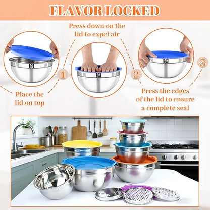 21PCS Mixing Bowls with Lids Set - 7 Nesting Mixing Bowls, 3 Graters, 11 Baking Tools, Lids, Stainless Steel Mixing Bowl for Mixing & Baking, Size 0.7/1.1/1.5/2.1/3.5/4/4.5 QT, Colorful - Image 6