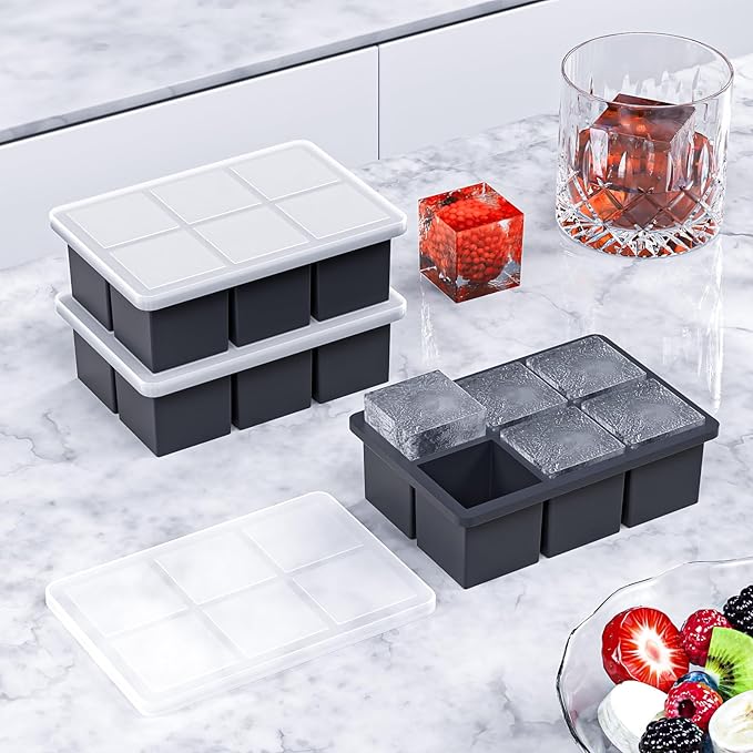 Large Ice Cube Tray for Whiskey 3 Pack, HANCELANT Big Silicone Square Ice Cube Mold with Removable Lid, 2'' Huge Square Ice Cubed Tray for Whisky and Cocktail - Image 6