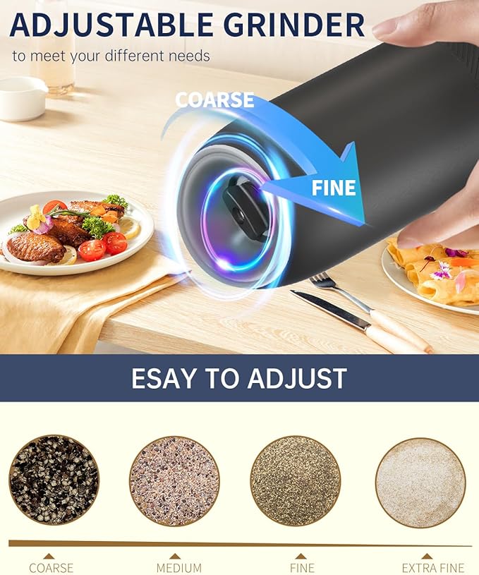 CIRCLE JOY Gravity Electric Salt and Pepper Grinder Set, Battery Powered Automatic Pepper Mills with Adjustable Coarseness, One Hand Operation, 176ml Large Container, Black - Includes 8 Batteries - Image 4