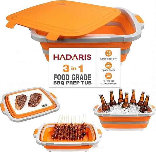 All-in-One Collapsible BBQ Prep Tub - Marinating Station & Food Storage with Built-in Cutting Board & Airtight Lid - Perfect for Grilling, Camping & Kitchen Organization (Orange)