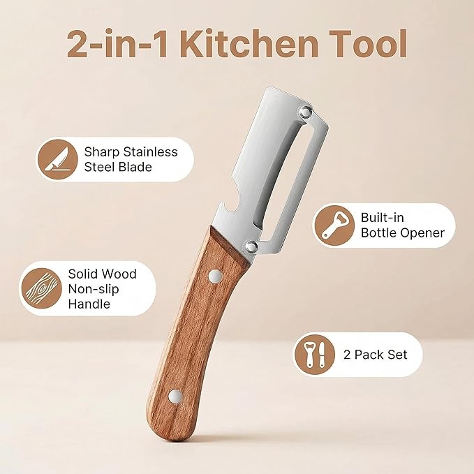 Multifunctional Premium Vegetable Peeler with Wooden Handle, Stainless Steel Blade & Bottle Opener, Non-Slip Kitchen Tool for Fruit, Apple, Potato, Pumpkin, Papaya, Zucchini (2pcs) - Image 3