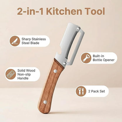 Multifunctional Premium Vegetable Peeler with Wooden Handle, Stainless Steel Blade & Bottle Opener, Non-Slip Kitchen Tool for Fruit, Apple, Potato, Pumpkin, Papaya, Zucchini (2pcs) - Image 3