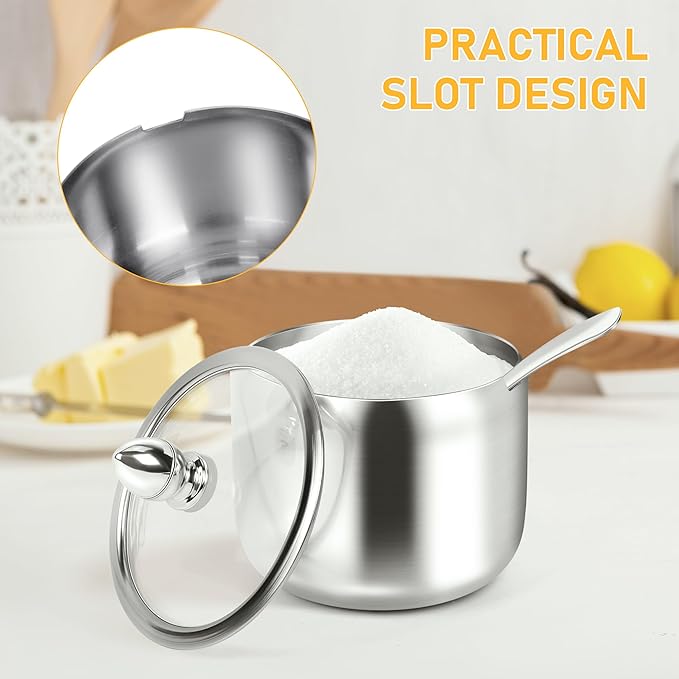 holoith Sugar Container with Glass Lid and Spoon - 10oz Stainless Steel Sugar Bowl for Coffee Bar Station Accessories Kitchen Storage for Salt, Candy, Coffee Bean (Silver) - Image 5