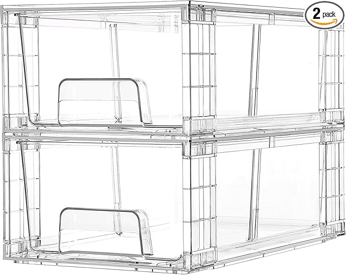 Vtopmart 2 Pack Stackable Storage Drawers,Clear Acrylic Drawer Organizers with Handles, Easily Assemble Containers for Fridge, Bathroom,Kitchen Undersink,Cabinet,Pantry Organization and Storage by Vtopmart