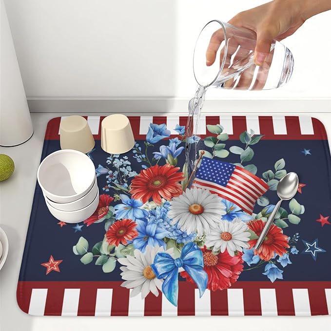 4th of July Dish Drying Mat for Kitchen Counter Patriotic Red Blue and White Floral American Flag Microfiber Dish Drainer Mat Absorbent Washable Drying Pad Extra Large 18"x24"