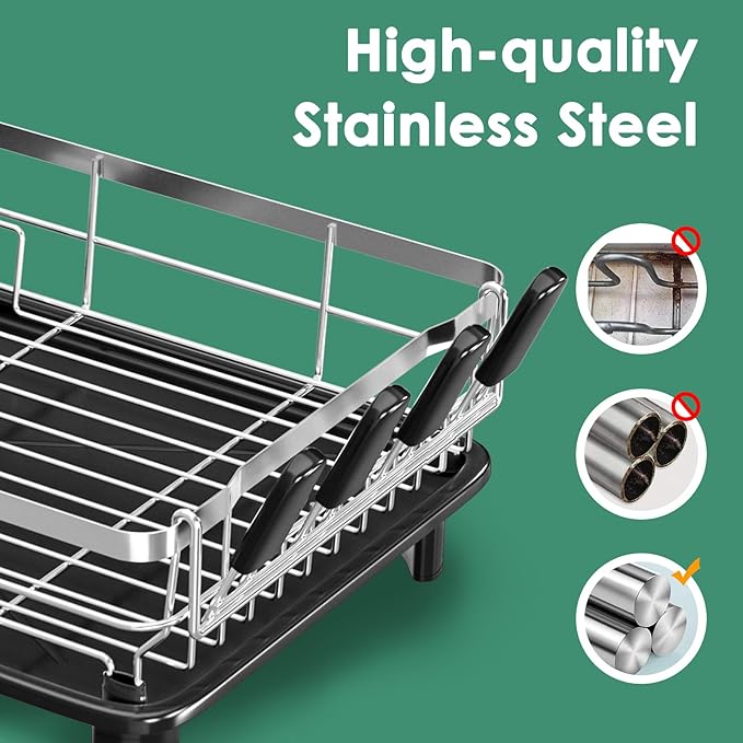 MOUKABAL Dish Drying Rack, Dish Rack, Stainless Steel Dish Racks for Kitchen Counter, Dish Drainer with Removable Utensil Holder, Drainboard (Black,Stainless Steel,13''W x 17''L) - Image 5