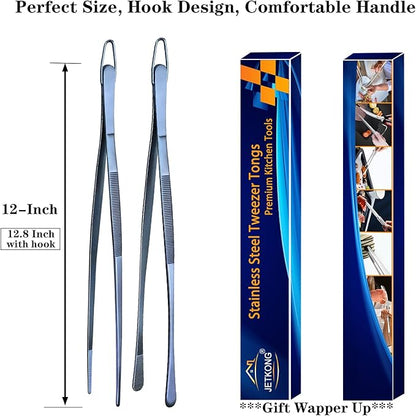 JETKONG 2 Pcs 12-Inch Cooking Tweezer Tongs Stainless Steel Kitchen Tweezers Plating Tongs (Navy Blue) - Image 7
