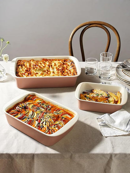LE TAUCI Deep Casserole Dishes for Oven, 13.7”x9.6” Ceramic Baking Dish Set with Roasting Racks, Large Lasagna Pans with Handles, Rectangular Bakeware as Gift for Mom, Dusty Pink(4.6QT/3.0QT/1.6QT), Set of 3 - Image 4