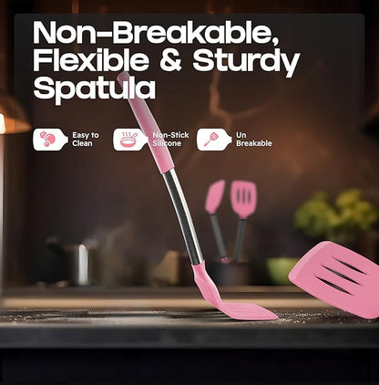 BakeRoyal Silicone Spatula Set - Turner Spatulas Silicone Heat Resistant 600°F - Slotted & Solid Spatula for Cooking Fish, Eggs, Pancakes Flipper – Spatulas for kitchen use – Pink - Image 6