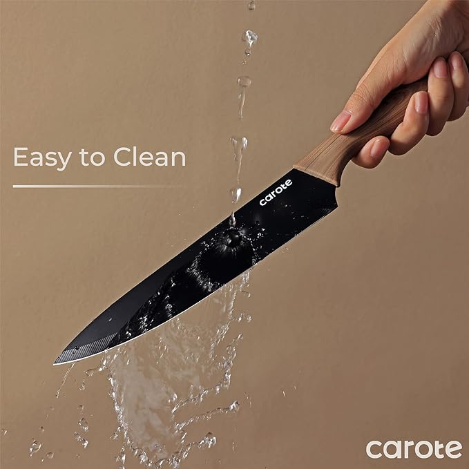 CAROTE 12PCS Knife Set, Stainless Steel Kitchen Knife Set with Nonstick Ceramic Coating, 6 Knives with Blade Guards, Rustproof, Easy-Clean, Black - Image 5