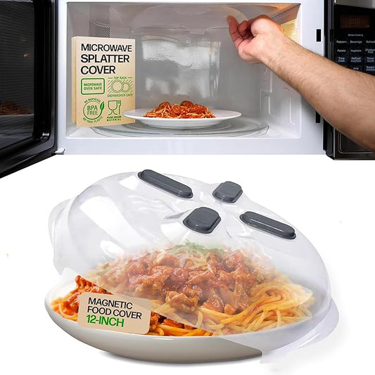HOVER COVER Magnetic Splatter Cover, 12-Inch Clear BPA-Free Food Lid, Vented Plate Guard with Steam Vents, Anti-Splash Microwave Lid, Dishwasher Safe, Space-Saving Magnetic Storage - Graphite by HoverCover