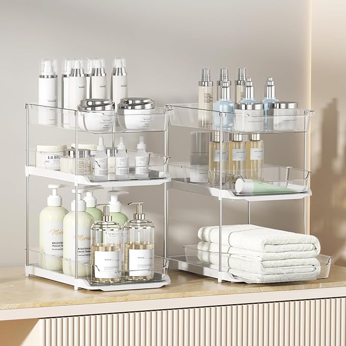Delamu 2 Sets of 3-Tier Bathroom Under Sink Organizers and Storage, Multi-Purpose Stackable Pantry Organization and Storage, Pull Out Clear Kitchen Bathroom Cabinet Organizer with Movable Dividers | Storage, Multi-Purpose, Stackable, Pantry Organizatio... - Image 2