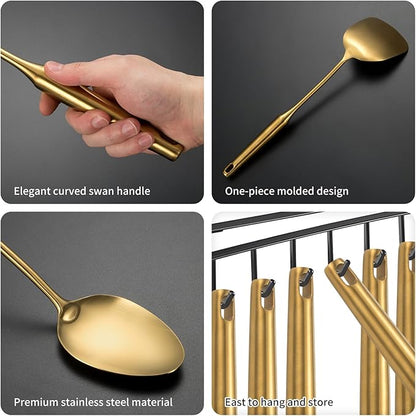 304 Stainlss Steel Matte Kitchen Utensils Set, 11 Pcs Long Metal Cooking Utensil Gadgets Tools Set with Spatula, Spoon, Ladle, Skimmer, Tunner, Pasta Server, Tongs(Gold, Dishwasher Safe) - Image 5