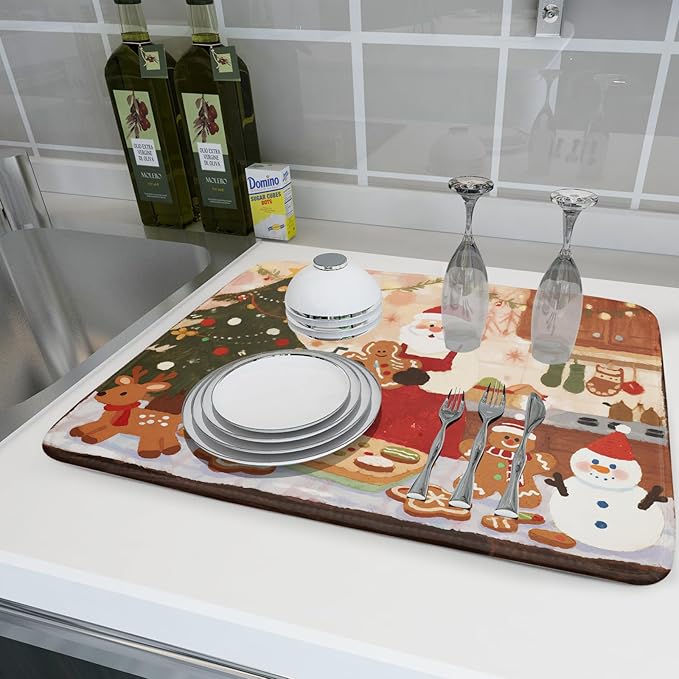 Christmas Dish Drying Mat for Kitchen Counter 18x24 Santa Claus Gingerbread Winter Xmas Holiday Themed Absorbent Reversible Microfiber Drying Mats Kitchen Countertop Protector Dishes Drainer Rack Pad - Image 6