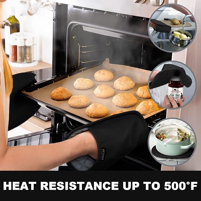 2-Pack Silicone Pot Holders for Kitchen Heat Resistant up to 500°F, Non-Slip Large Hot Pads with Pocket, Quilted Liner Trivets for Countertops Hot Pots and Pans (Black) - Image 2