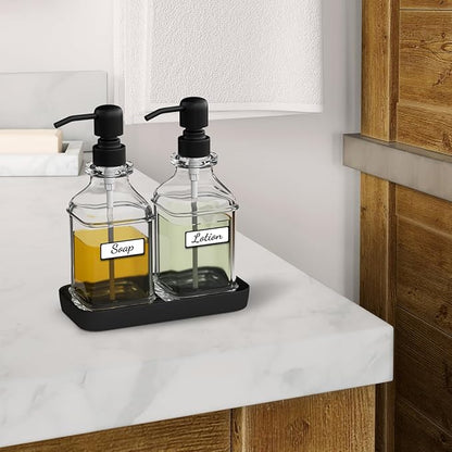 LMQML Soap Dispenser - 2 Pack, Antique Design Thick Glass Hand Soap Dispensers with Sturdy Tray; 304 Rust Proof Stainless Steel Black Pump, 12Pcs Stickers, for Kitchen, Bathroom - Image 8