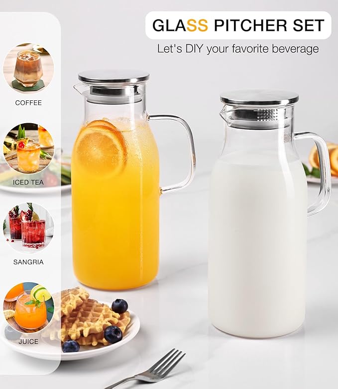 LUNA&MANTHA 2 Pack 2 Liter 68 oz Glass Pitcher with Lid and Handle, Water Pitcher for Fridge, Large Ice Tea Jug for Hot/Cold Drinks, Thick Borosilicate Glass Carafe for Coffee, Juice, Sangria - Image 7