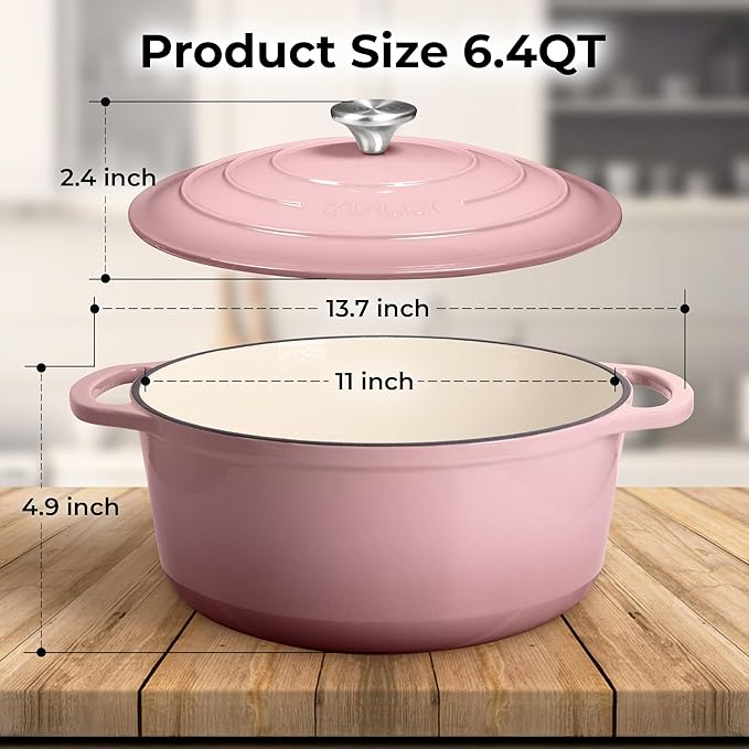 Zulay Kitchen 6 Quart Enameled Cast Iron Dutch Oven Pot with Lid – Premium Durability & Oven Safe up to 500°F – Heavy Duty Cookware Perfect for Bread Baking, Stews, Braising & Roasting - Pink - Image 8