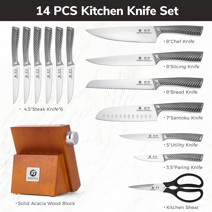 imarku 14-Piece Knife Set, Japanese Stainless Steel Knives Set for Kitchen, Full-Tang Gyutou Knife Sets with Block and Build-in Sharpener, Brown, Dishwasher Safe, House Warming Gifts for Mom - Image 8