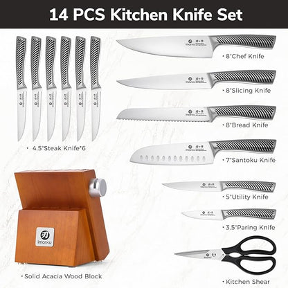 imarku 14-Piece Knife Set, Japanese Stainless Steel Knives Set for Kitchen, Full-Tang Gyutou Knife Sets with Block and Build-in Sharpener, Brown, Dishwasher Safe, House Warming Gifts for Mom - Image 8