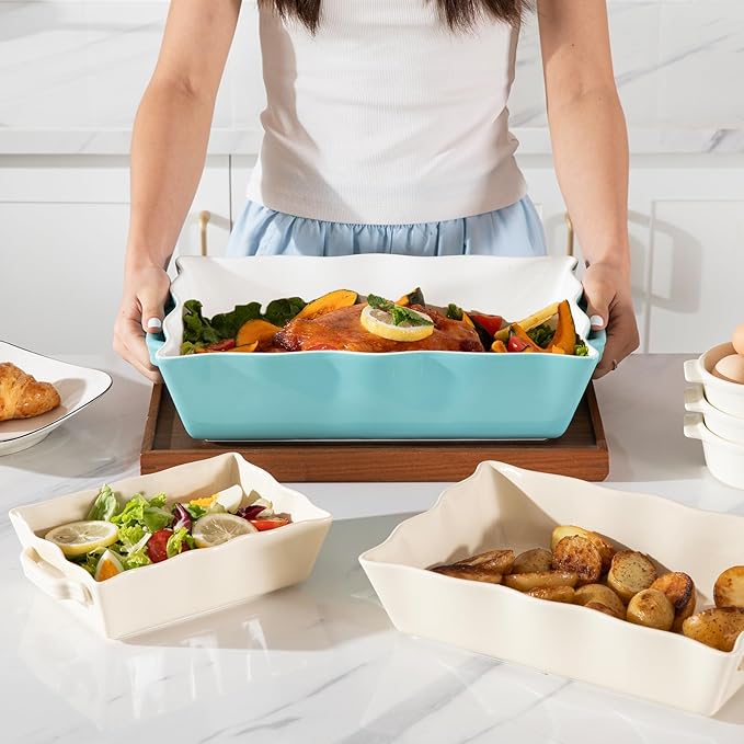 Sweejar Casserole Dishes for Oven, Ceramic 9x13 Baking Dish, Wave Edge Bakeware with Handles, Large Rectangular Lasagna Pan Deep for Roasting, Baking, Cooking, Banquet and Daily Use (Turquoise) - Image 4