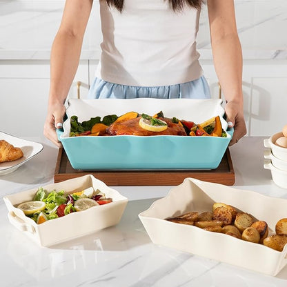 Sweejar Casserole Dishes for Oven, Ceramic 9x13 Baking Dish, Wave Edge Bakeware with Handles, Large Rectangular Lasagna Pan Deep for Roasting, Baking, Cooking, Banquet and Daily Use (Turquoise) - Image 4