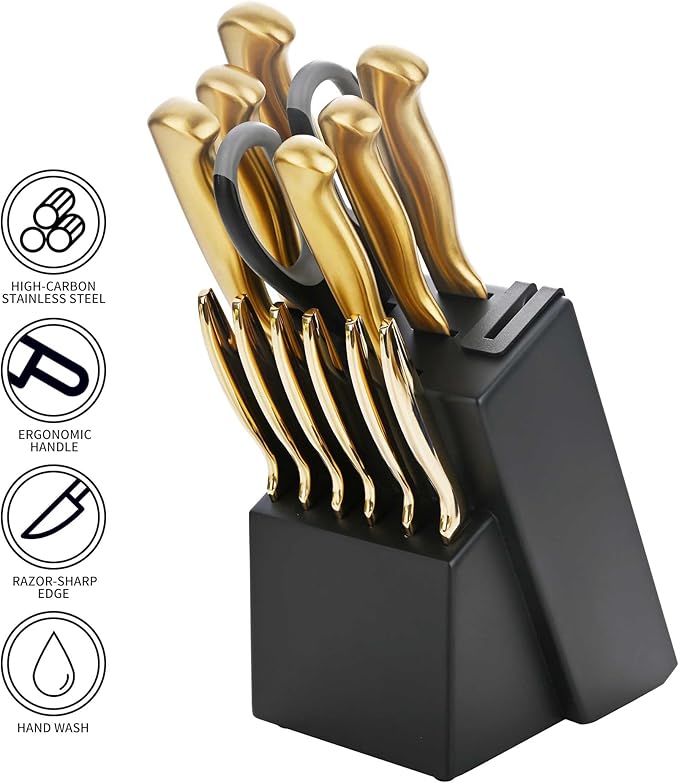 15-Piece Gold Kitchen Knife Block Set with Sharpener, Stainless Steel Knives Set for Kitchen, Chef Gold Kitchen Knife Sets with Scissors, Steak Knives