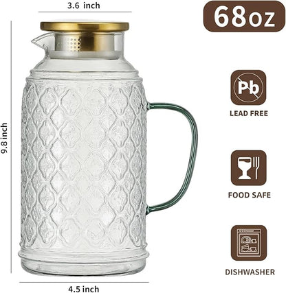 Buaic Glass Pitcher with Lid, 68 oz/2 Liter Vintage Water Pitcher, Clear Borosilicate Glass Water Carafe for Cold Brew, Coffee, Lemonade, Iced Tea, Juice, Beverage, Heat Resistant Water Glass Jug - Image 2