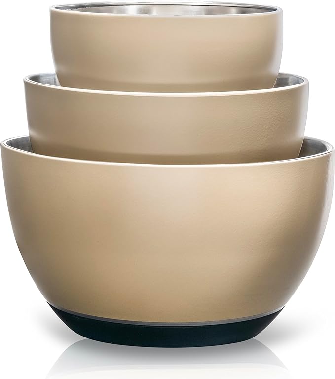 WHYSKO Stainless Steel Mixing Bowls Set of 3 with Non-Slip Silicone Base, Nesting Metal Bowls for Meal Prep, Baking, Cooking & Food Storage, Dishwasher Safe Kitchen Mixing Bowls, Tan by WHYSKO