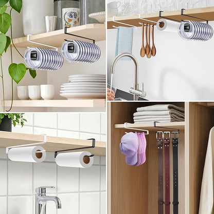 4 Pack Tumbler Lid Organizer, Cup Lid Holder Holds 12 Lids Each Under Cabinet, Space Saving Hook for Kitchen Storage and Coffee Cups, No Drilling, Carbon Steel, White