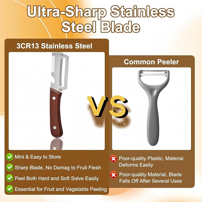 2PCS Multifunctional Vegetable Peeler, Upgrade 3-in-1 Wooden Handle Peelers with Bottle Opener, Premium Stainless Steel Peeler, Fruit Knife for Welsh Onion, Potato, Carrot, Apple, Pumpkin with a Brush - Image 7
