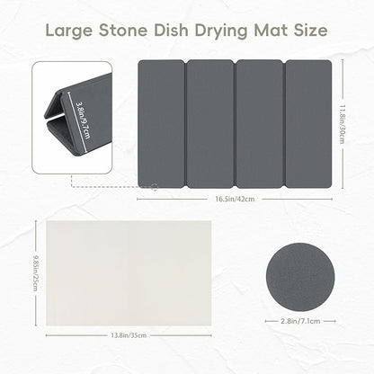 Small Stone Drying Mats for Kitchen Counter, Quick Dry Stone Dish Drying Mat 16"(L)×12"(W), Foldable Absorbent Diatomaceous Pad for Dish Rack, Plates, Cups, Pans