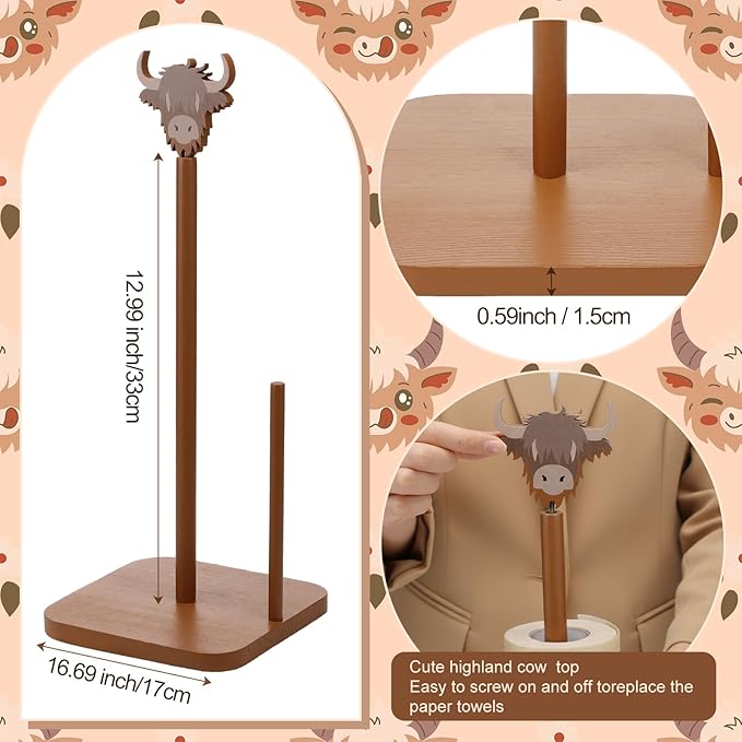 Leinuosen Brown Paper Towel Holder Cute Highland Cow Wooden Paper Towel Holder Brown Bathroom Countertop Accessories Kitchen Stand Organizer Standing Apartment Decor Housewarming Gift