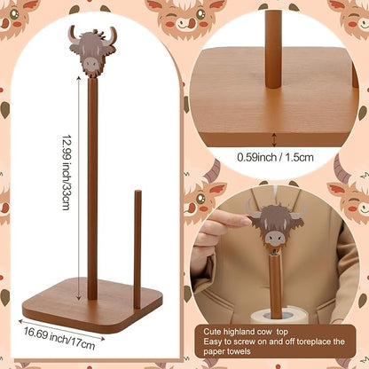 Leinuosen Brown Paper Towel Holder Cute Highland Cow Wooden Paper Towel Holder Brown Bathroom Countertop Accessories Kitchen Stand Organizer Standing Apartment Decor Housewarming Gift