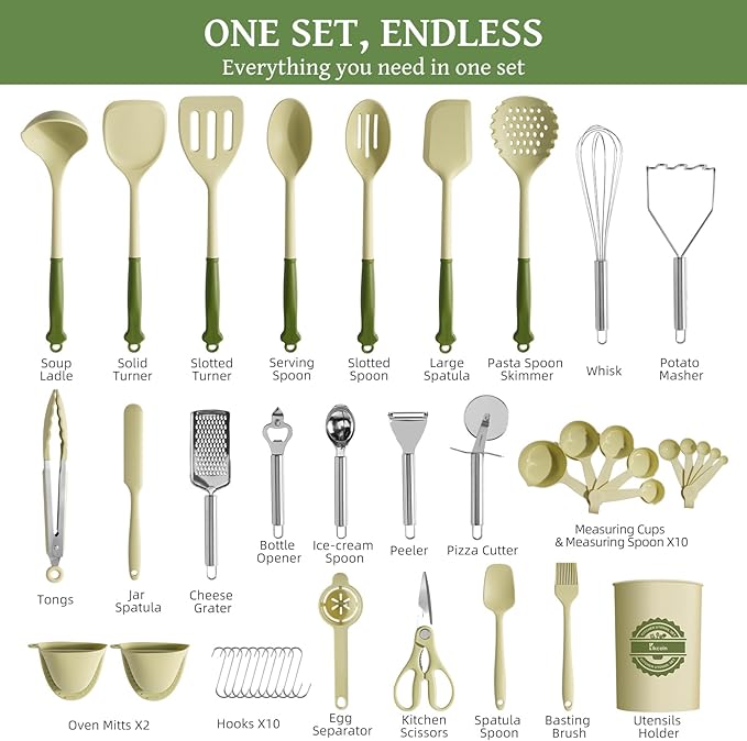 Kikcoin 43Pcs Kitchen Utensils Set - Silicone Cooking Utensil Set, Dishwasher Safe Spatula for Non-stick Cookware, 446°F Heat Resistant Kitchen Gadgets with Holder BPA Free, Avocado Green - Image 2