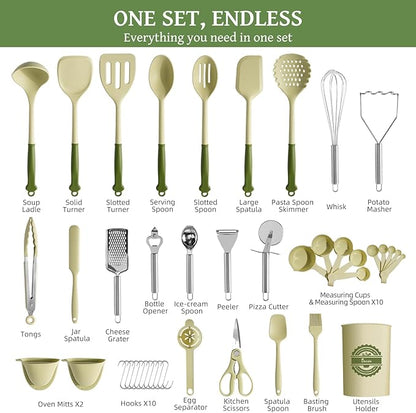 Kikcoin 43Pcs Kitchen Utensils Set - Silicone Cooking Utensil Set, Dishwasher Safe Spatula for Non-stick Cookware, 446°F Heat Resistant Kitchen Gadgets with Holder BPA Free, Avocado Green - Image 2