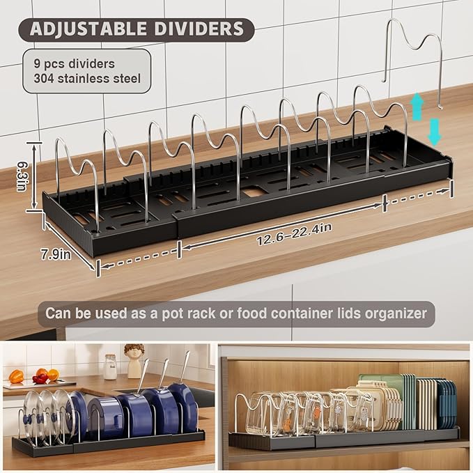 Magheo Expandable Food Storage Container Lid Organizers, 22" Pots and Pans Organizer Under Cabinet with 9 Adjustable Dividers Pot and Pan Lid Holders Rack Inside Cabinet(Black,1 Pack) - Image 2