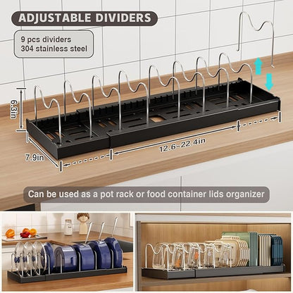 Magheo 2 Pack Expandable Food Storage Container Lid Organizers, 22" Pots and Pans Organizer Under Cabinet with 9 Adjustable Dividers Pot and Pan Lid Holders Rack Inside Cabinet(Black) - Image 2